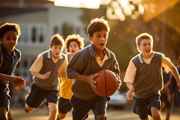 Students playing basketball on school court